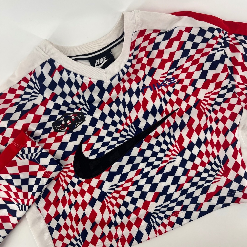 Nike Womens XS Crop Top Geometric Checkerboard V-Neck Sporty Streetwear